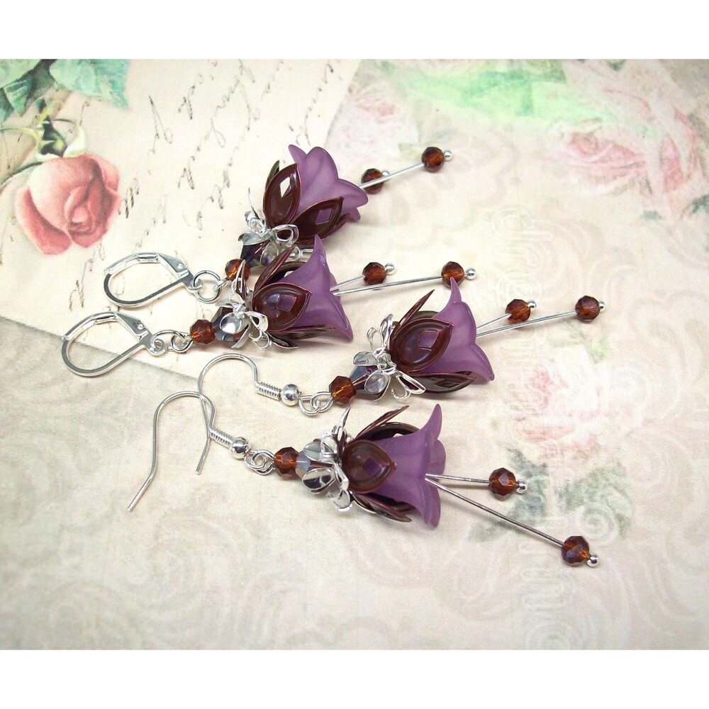 Boho Floral Dangle Earrings Silver, Mauve, Hand Painted, Artisan Crafted Flower